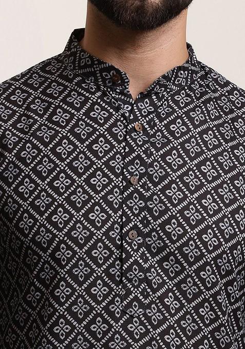 Black Printed Cotton Kurta Set For Men