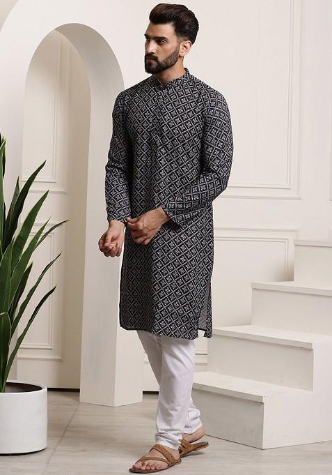 Black Printed Cotton Kurta Set For Men