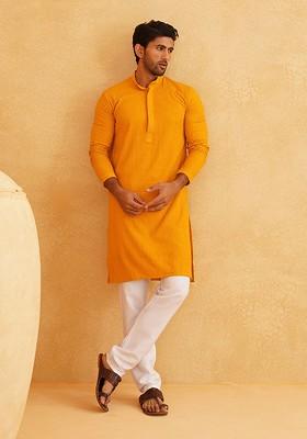 Mustard Embroidered Cotton Kurta Set For Men