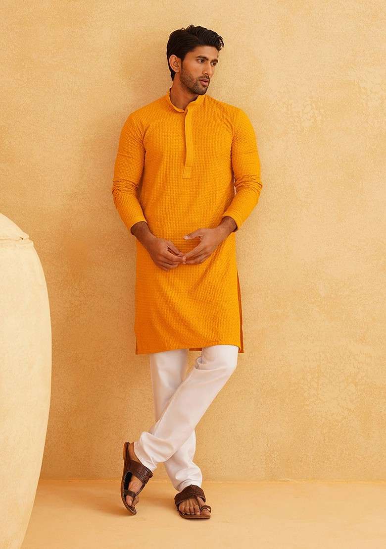 Mustard Embroidered Cotton Kurta Set For Men - Indya
