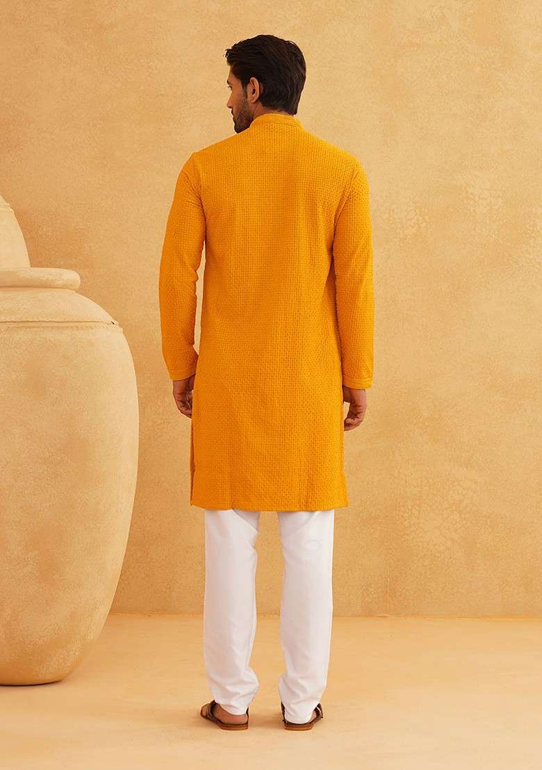 Mustard Embroidered Cotton Kurta Set For Men - Indya