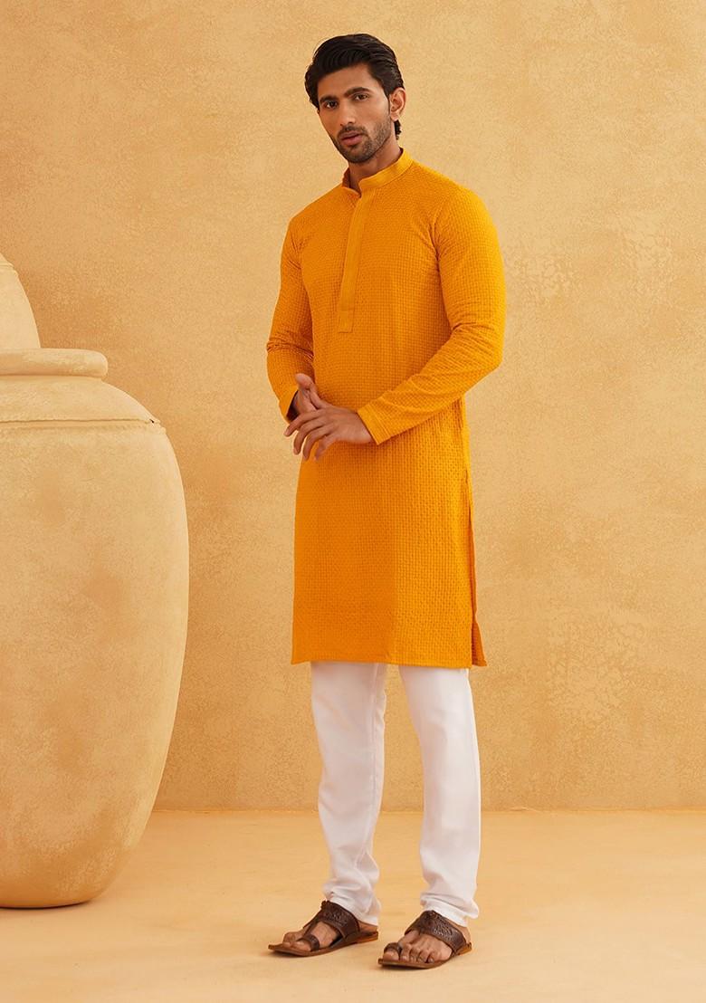 Mustard Embroidered Cotton Kurta Set For Men