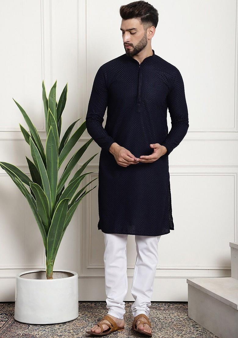 Navy Blue Embroidered Cotton Kurta Set For Men