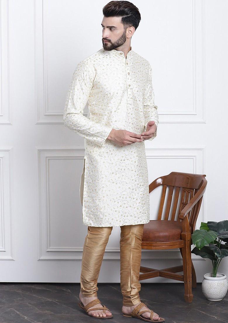 Cream Thread Work Cotton Kurta Set For Men