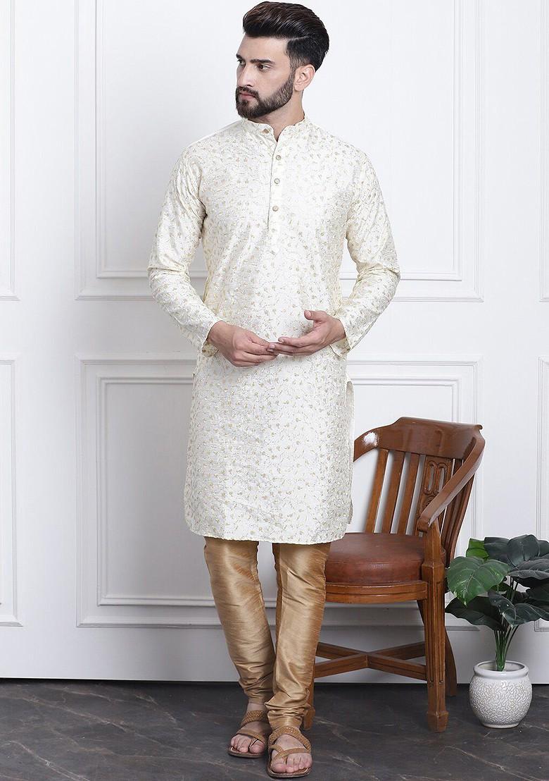 Cream Thread Work Cotton Kurta Set For Men
