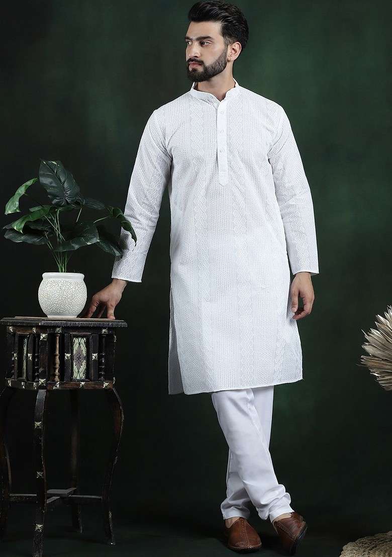 White Thread Work Cotton Kurta Set For Men - Indya