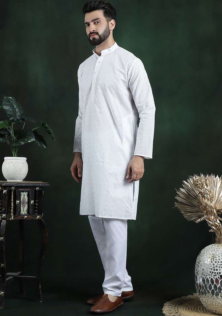 White Thread Work Cotton Kurta Set For Men - Indya