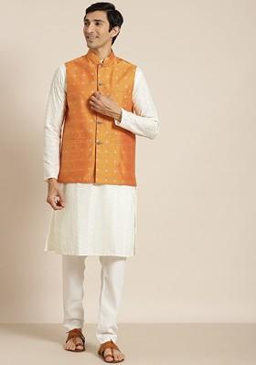 Cream Chikankari Cotton Kurta Set For Men