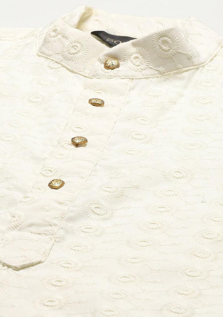 Cream Chikankari Cotton Kurta Set For Men