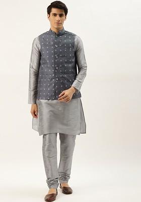 Grey Solid Poly Blend Kurta Set For Men