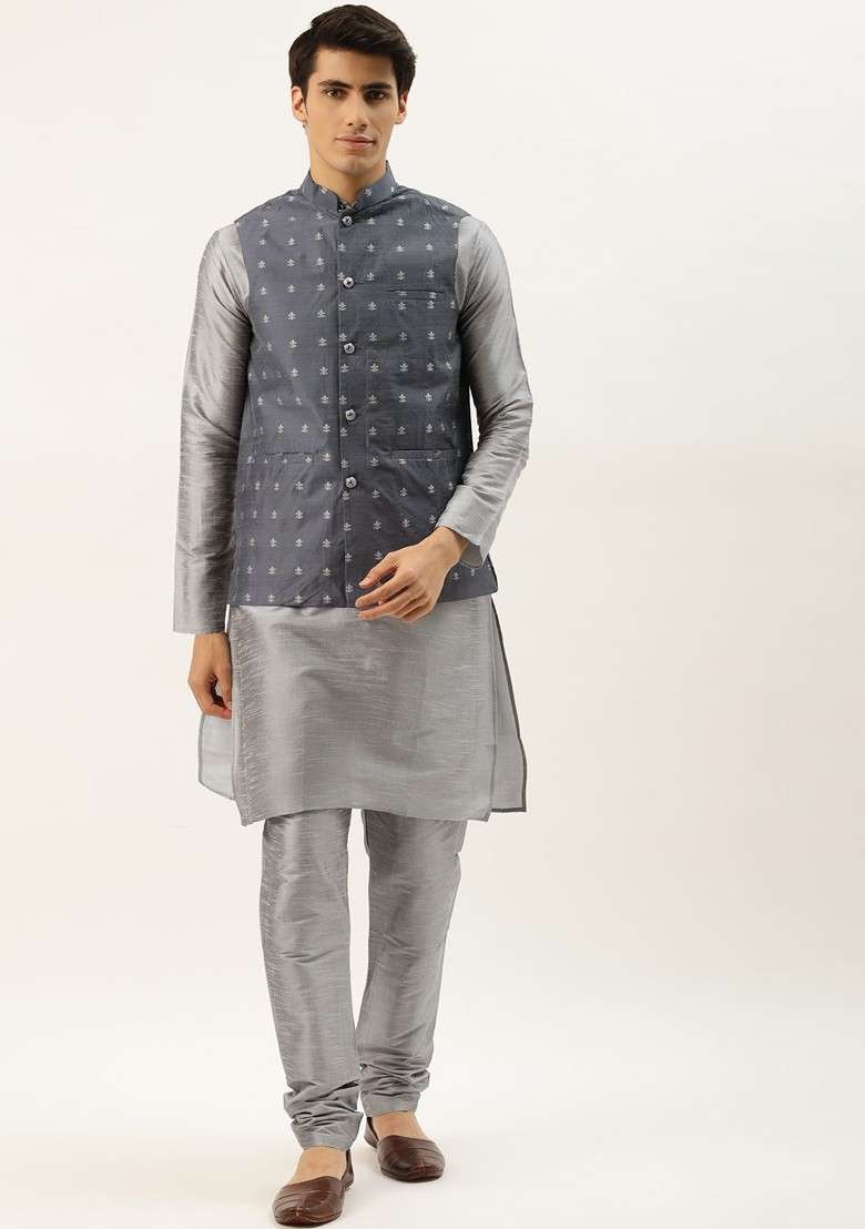 Grey Solid Poly Blend Kurta Set For Men - Indya