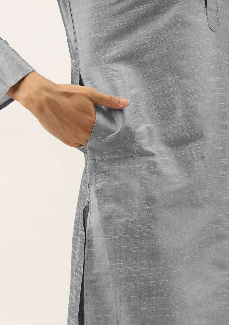 Grey Solid Poly Blend Kurta Set For Men - Indya