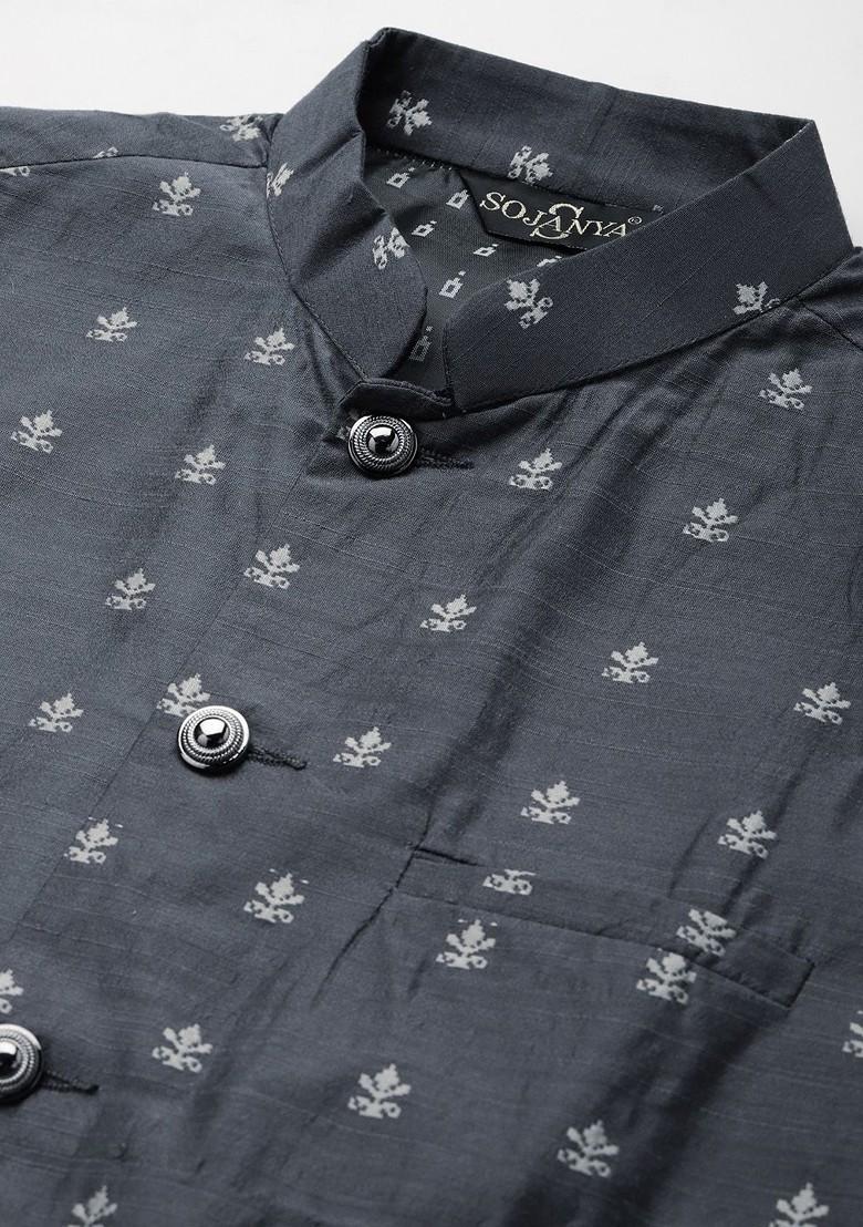 Grey Solid Poly Blend Kurta Set For Men