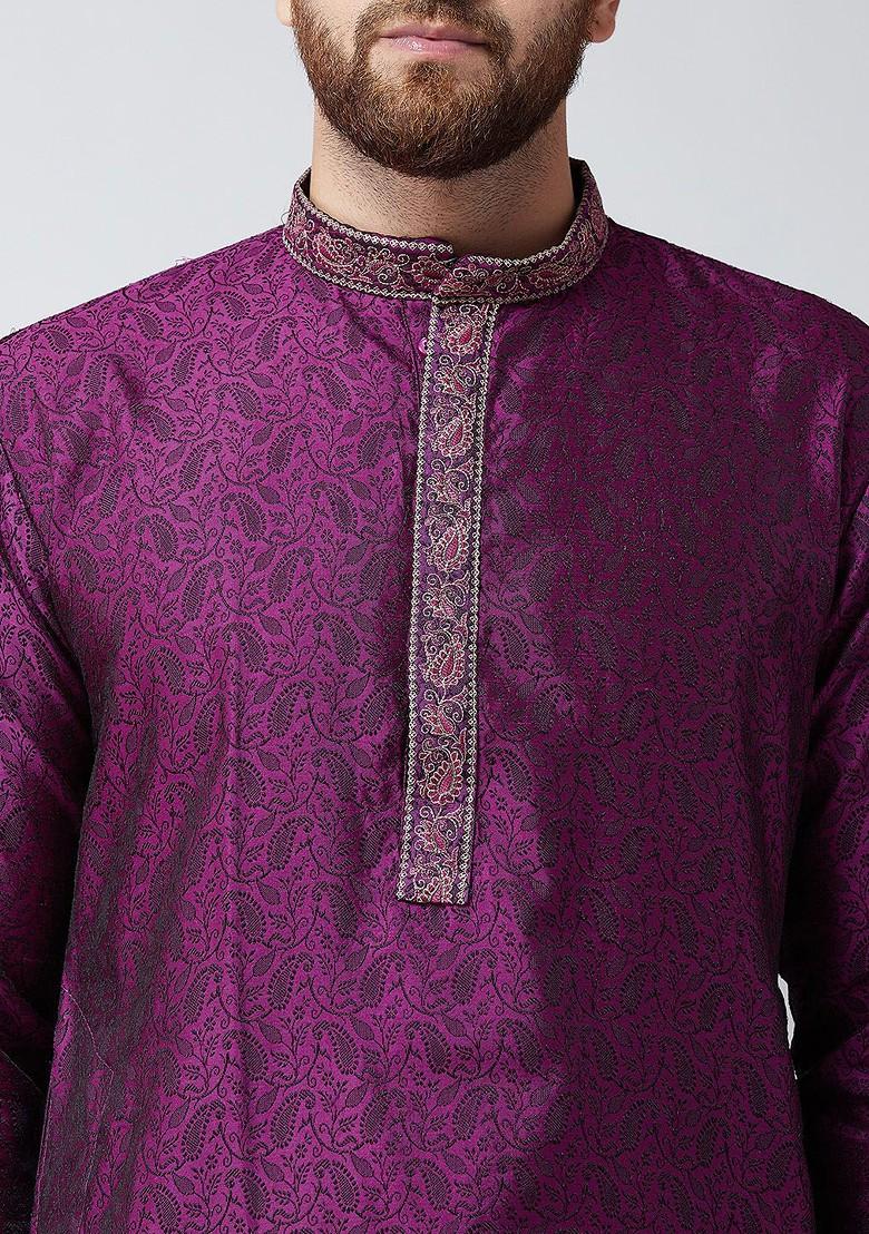 Purple Solid Poly Blend Kurta Set For Men