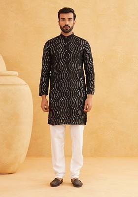 Black Embroidered Cotton Kurta Set For Men