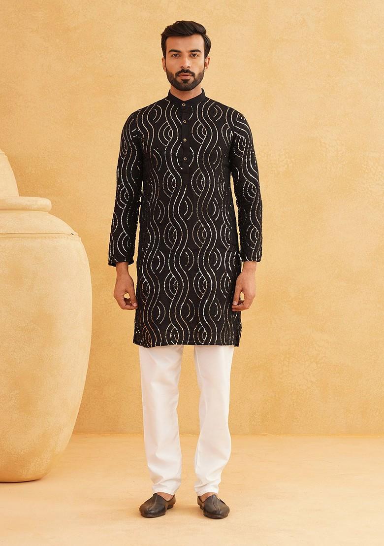 Black Embroidered Cotton Kurta Set For Men