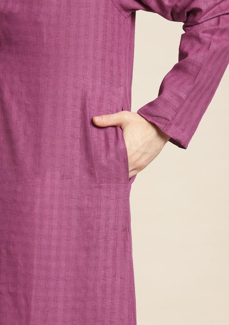 Purple Solid Poly Blend Kurta Set For Men