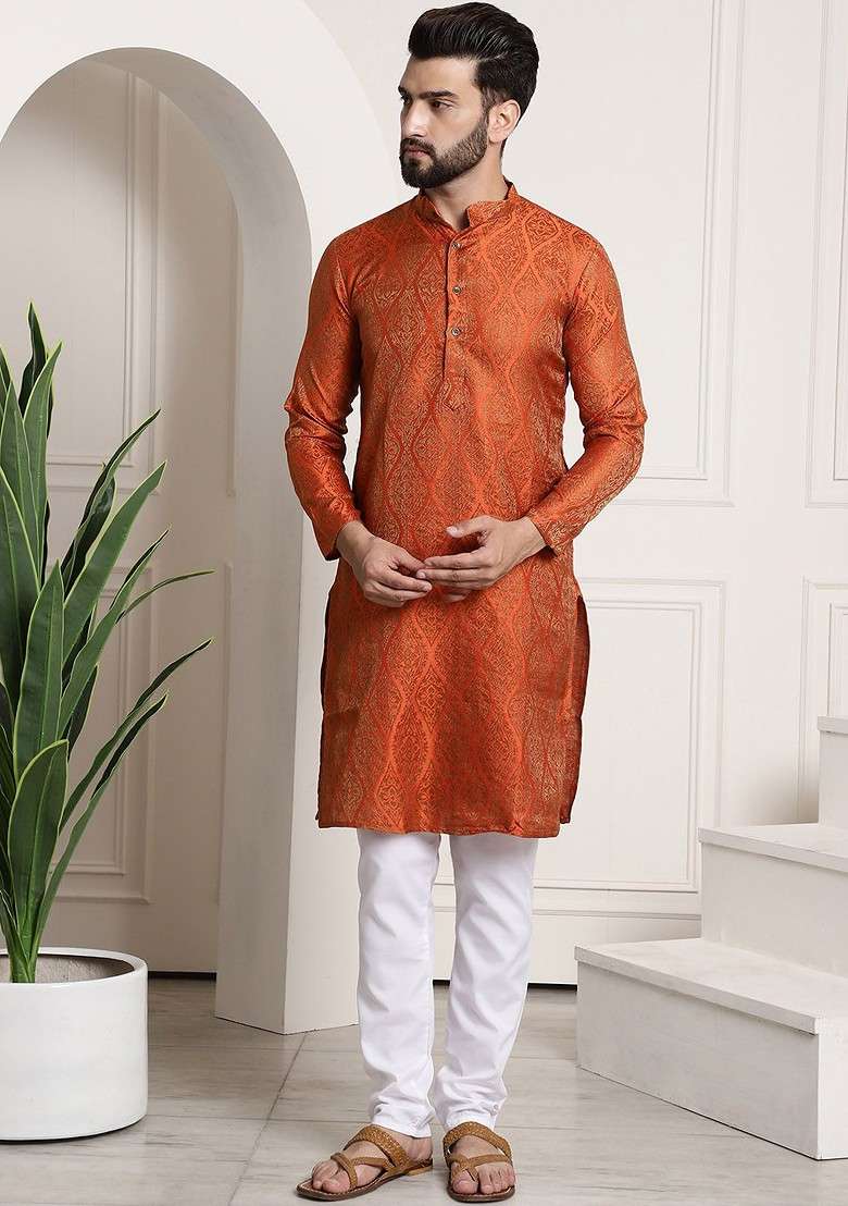 Orange Ethnic Motifs Poly Blend Kurta Set For Men - Indya