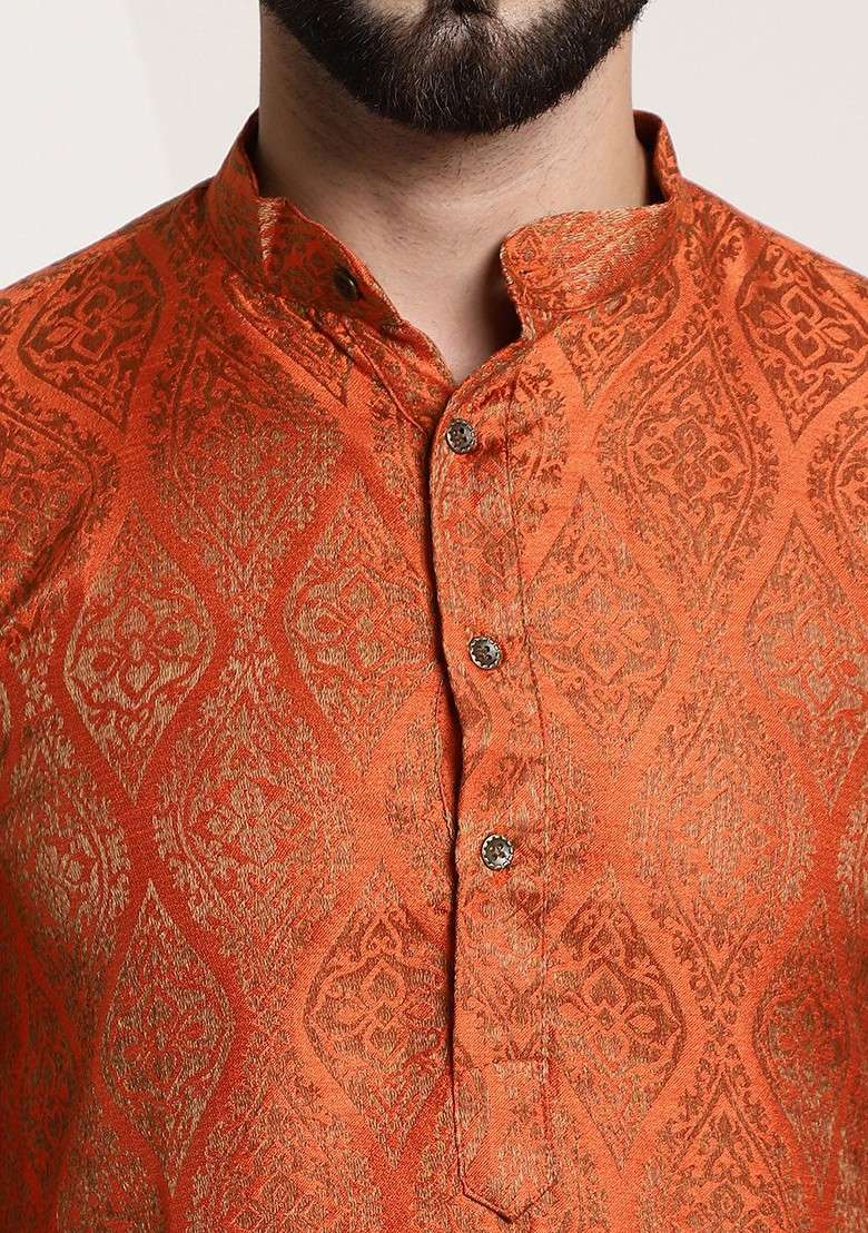 Orange Ethnic Motifs Poly Blend Kurta Set For Men - Indya