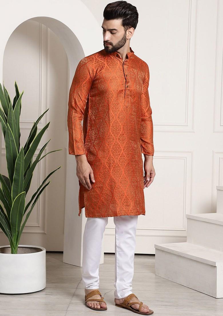 Orange Ethnic Motifs Poly Blend Kurta Set For Men
