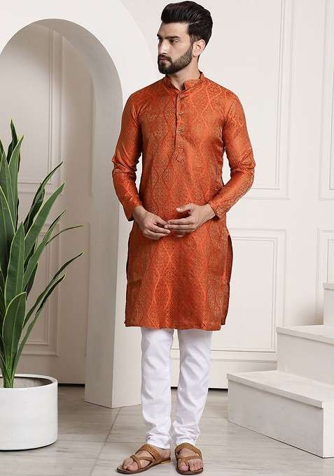 Orange Ethnic Motifs Poly Blend Kurta Set For Men