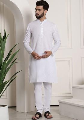 White Woven Poly Blend Kurta Set For Men