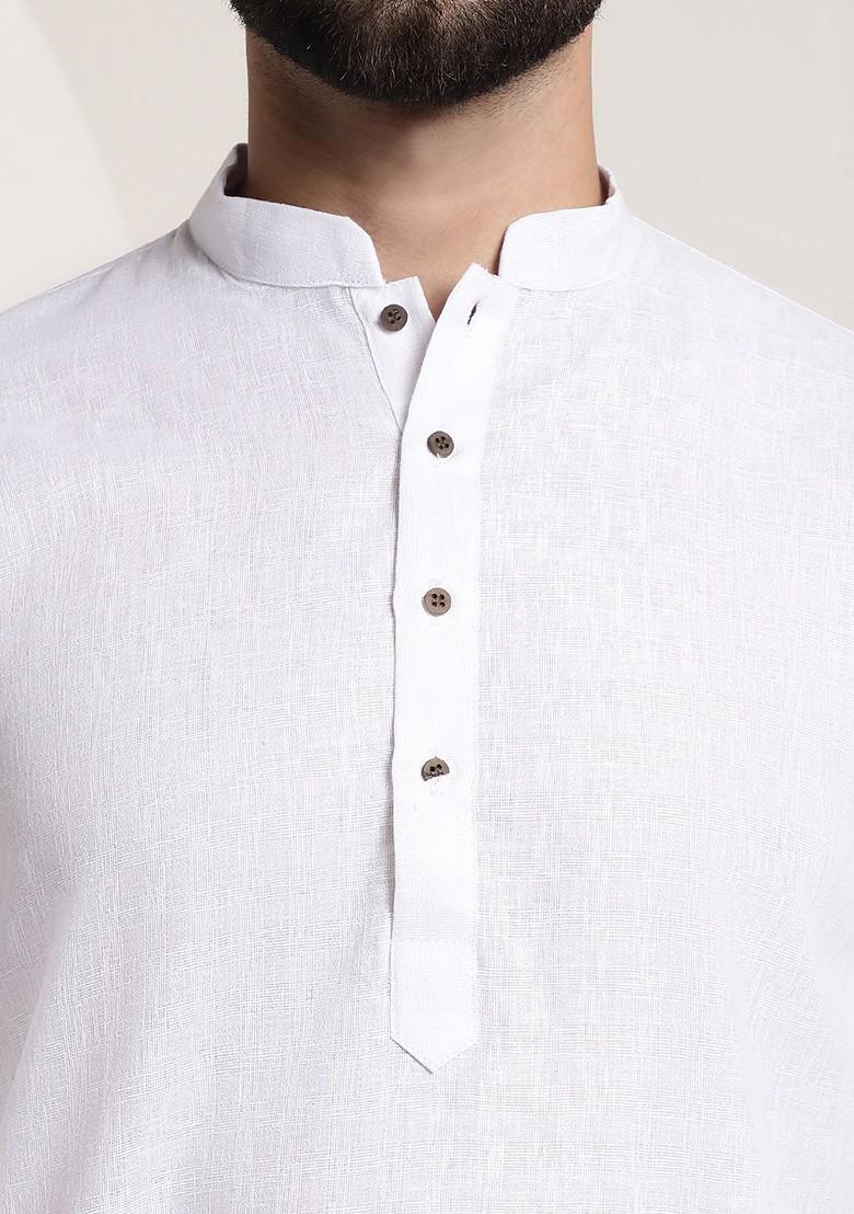 White Woven Poly Blend Kurta Set For Men
