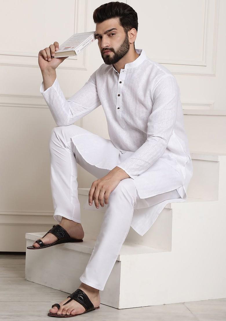 White Woven Poly Blend Kurta Set For Men