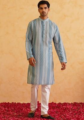Teal Blue Striped Cotton Kurta Set For Men