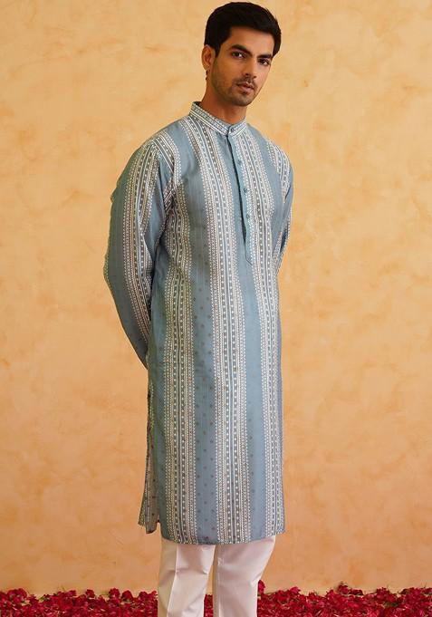 Teal Blue Striped Cotton Kurta Set For Men