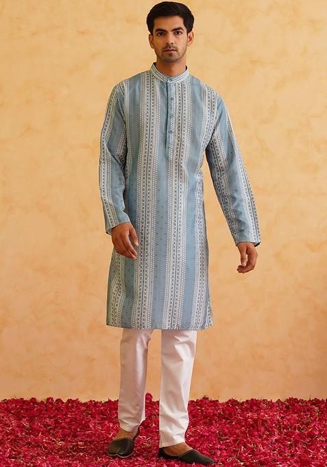 Teal Blue Striped Cotton Kurta Set For Men