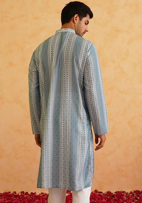 Teal Blue Striped Cotton Kurta Set For Men