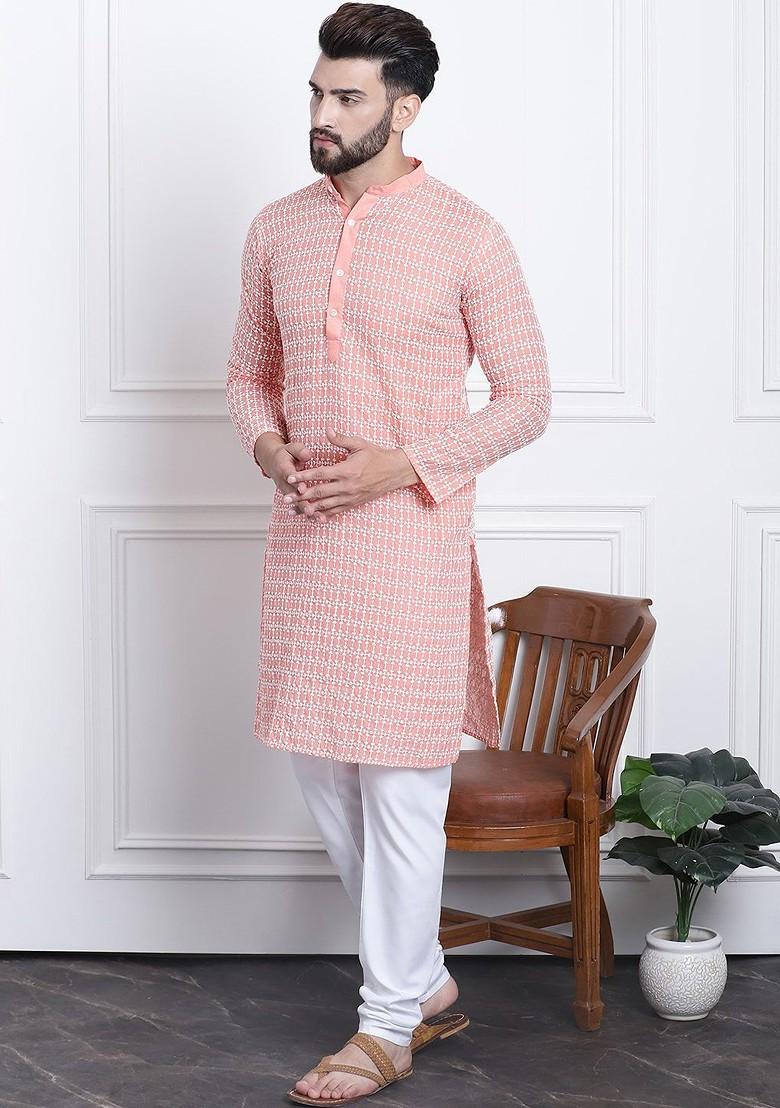 Peach Thread Work Cotton Kurta Set For Men