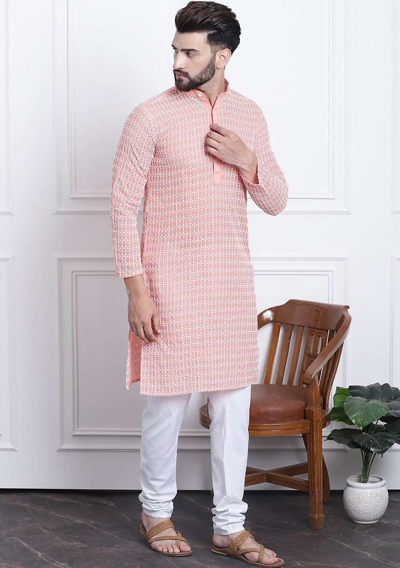 Peach Thread Work Cotton Kurta Set For Men - Indya