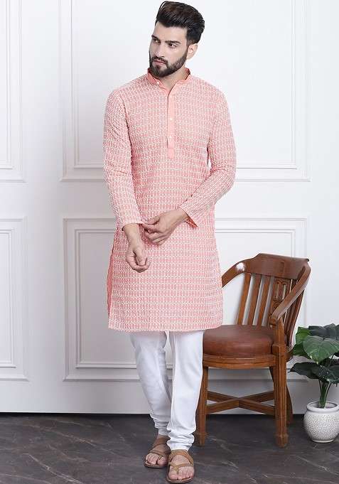Peach Thread Work Cotton Kurta Set For Men