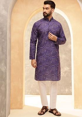Purple Printed Poly Blend Kurta Set For Men