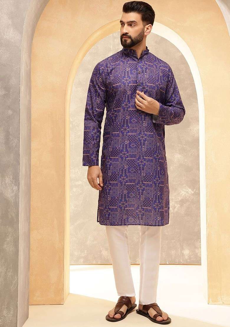 Purple Printed Poly Blend Kurta Set For Men - Indya