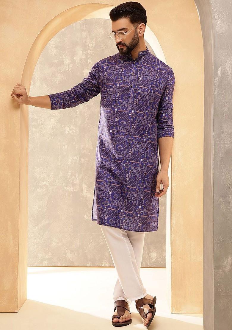 Purple Printed Poly Blend Kurta Set For Men