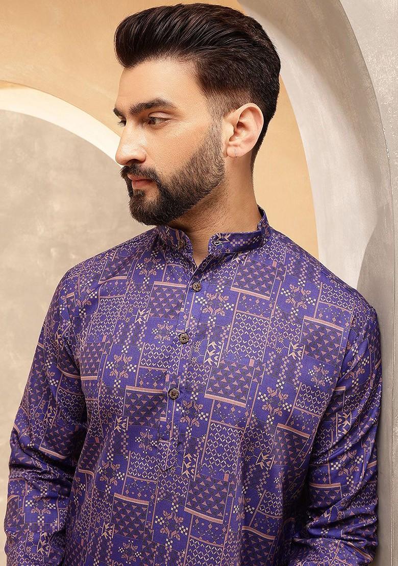 Purple Printed Poly Blend Kurta Set For Men