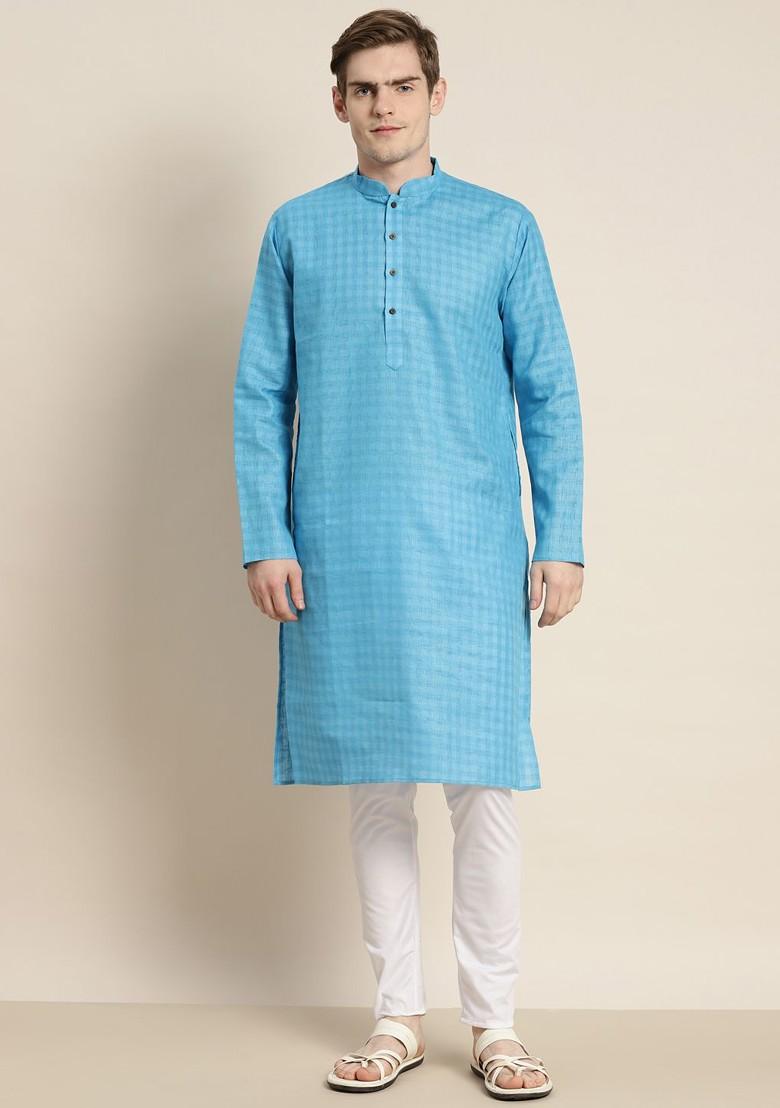 Blue Solid Poly Blend Kurta Set For Men
