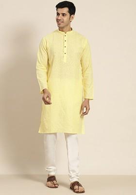 Yellow Checked Poly Blend Kurta Set For Men