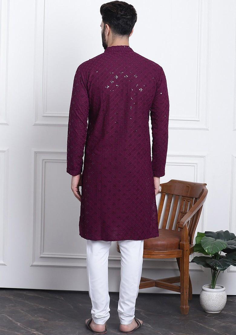 Purple Embroidered Cotton Kurta Set For Men