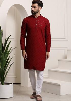 Maroon Embroidered Cotton Kurta Set For Men