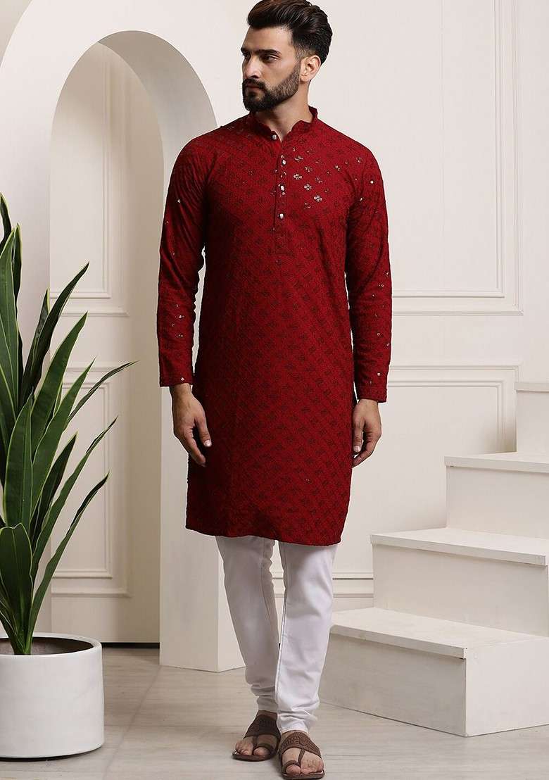 Maroon Embroidered Cotton Kurta Set For Men - Indya