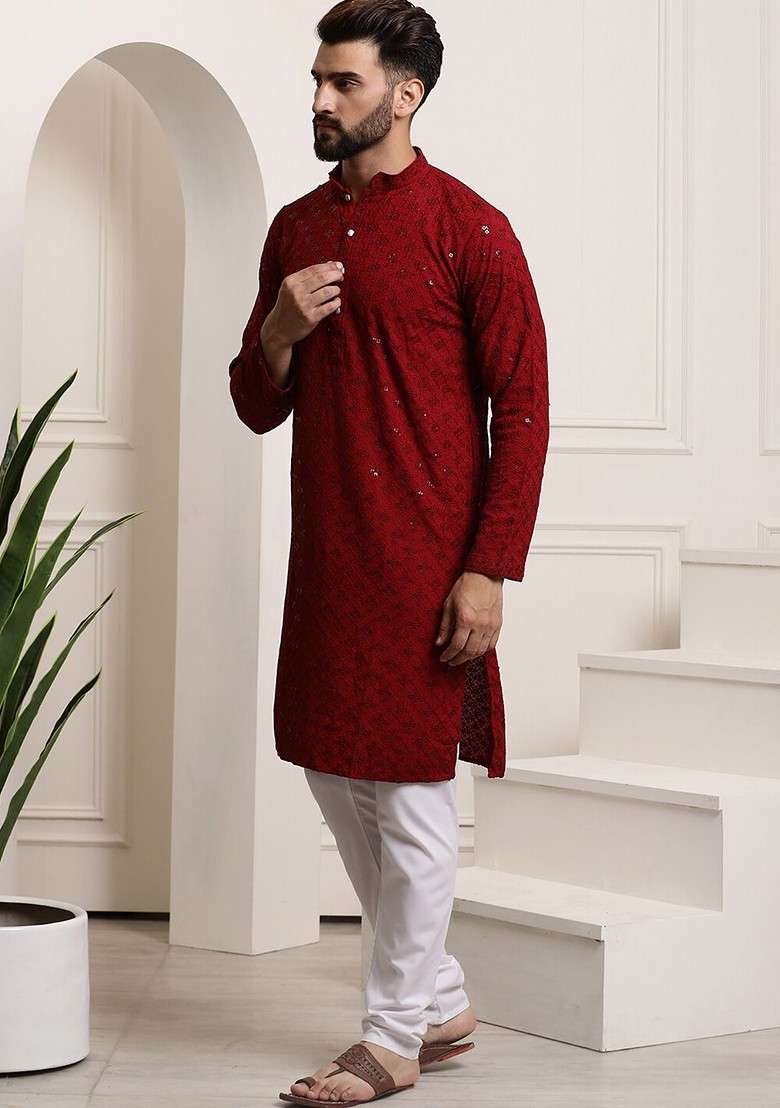 Maroon Embroidered Cotton Kurta Set For Men - Indya