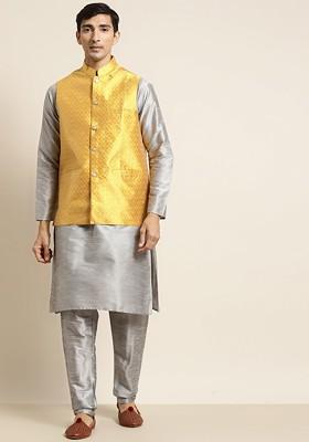 Grey Woven Poly Blend Kurta Set For Men