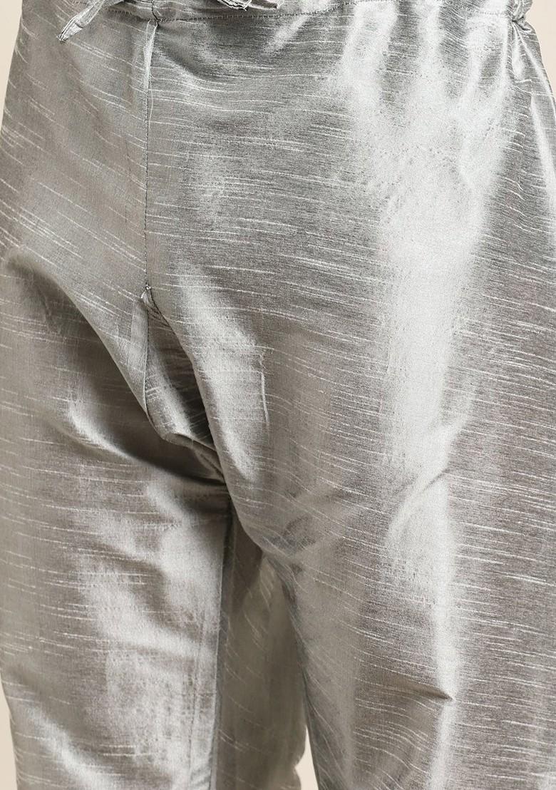 Grey Woven Poly Blend Kurta Set For Men