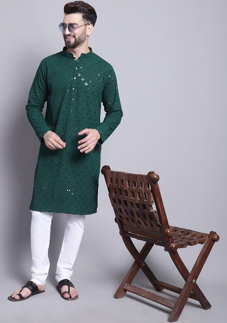 Green Embroidered Cotton Kurta Set For Men