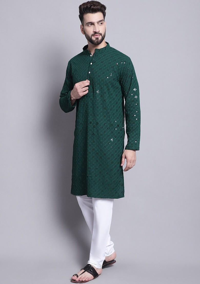 Green Embroidered Cotton Kurta Set For Men