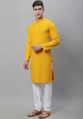 Mustard Embroidered Cotton Kurta Set For Men